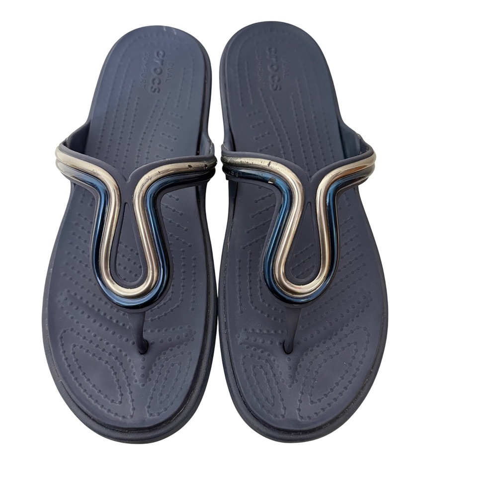Crocs Sanrah Metalblock Flip Flop Sandals Women 11 Navy Blue Metallic Silver